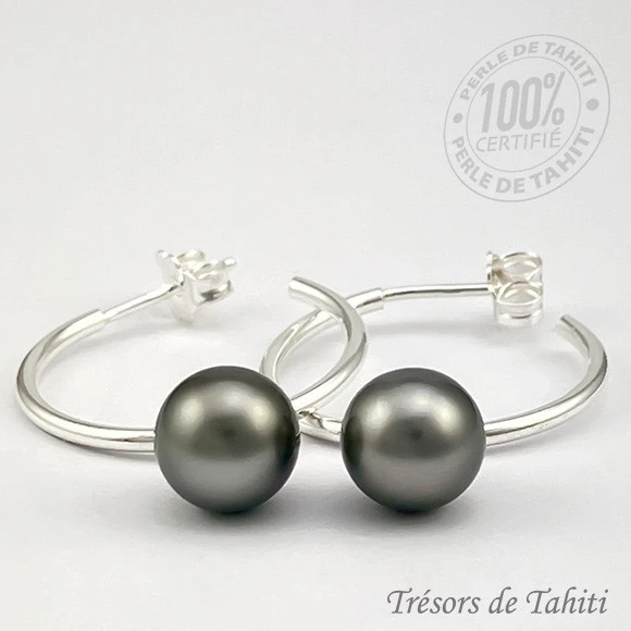Boucles Creoles Perles De Tahiti Semi Rondes Argent TT366 3 Boucles Creoles Perles De Tahiti Semi Rondes Argent TT366