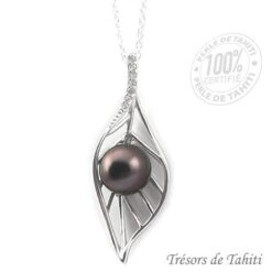 Pendentif Perle De Tahiti Feuille Chaine Argent Tt344